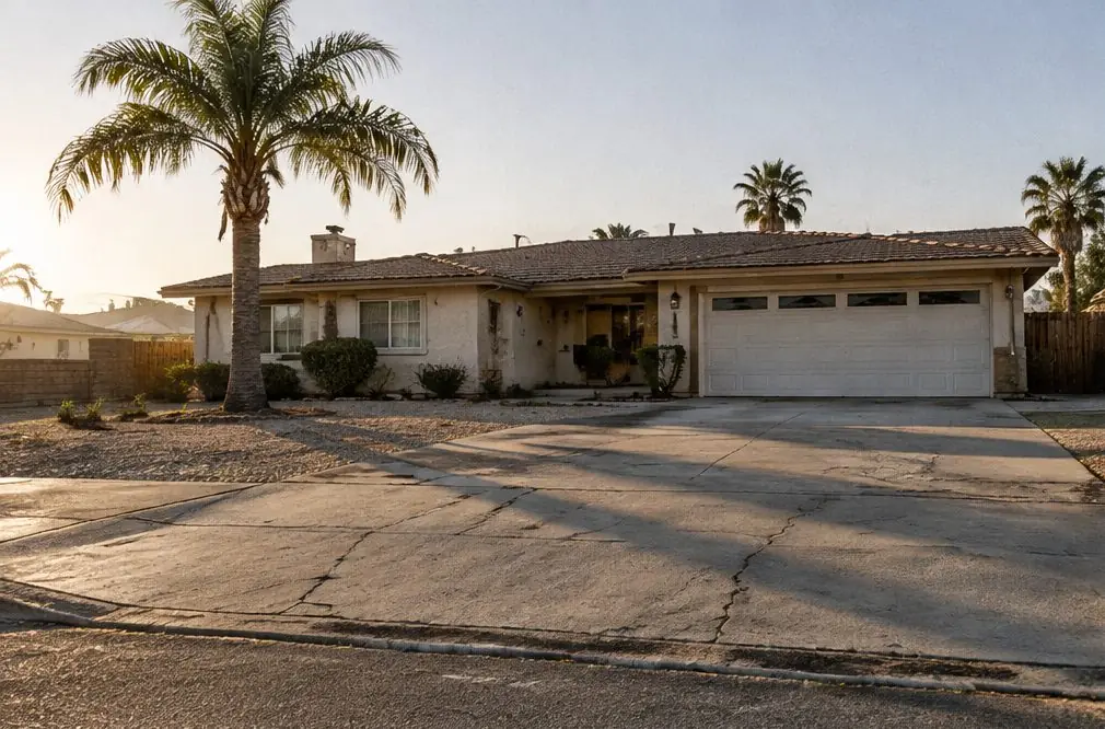 Illustration: a new gray concrete driveway in front of a typical Foothill and Central Rialto house