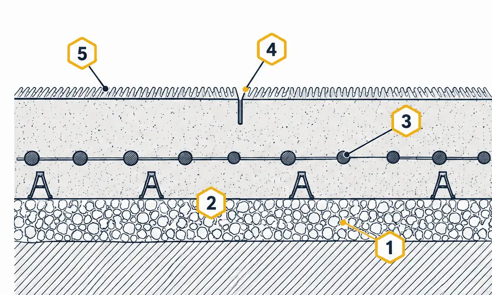 Diagram: cross-section of a concrete slab on a compacted base, with rebar on chairs at mid-depth, a saw-cut control joint at the top and a finished surface with curing compound