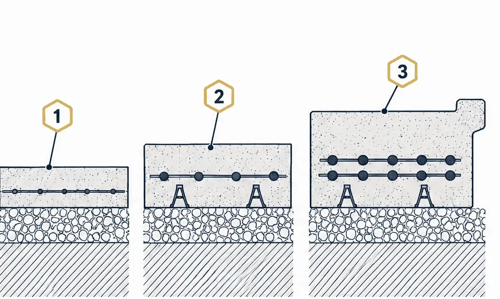 Diagram: three slab cross-sections side by side, a thinner walkway slab, a car driveway slab with a rebar grid and a thicker slab with rebar for heavy vehicles
