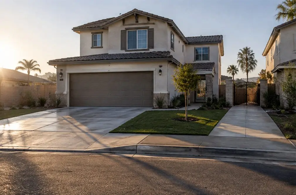 Illustration: a new gray concrete driveway in front of a typical Renaissance house
